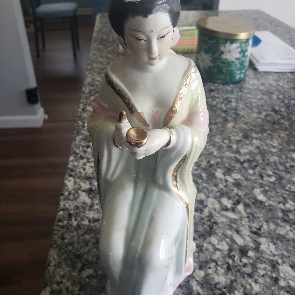 Porcelain Geisha Figurine with Gold Accents - Pale Green & Pink 9 In Height